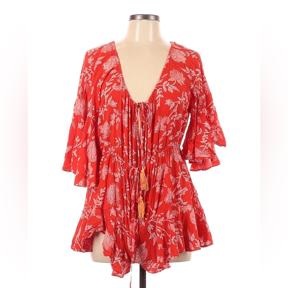 Hello Molly Coral Red Floral Tie-Front Romper